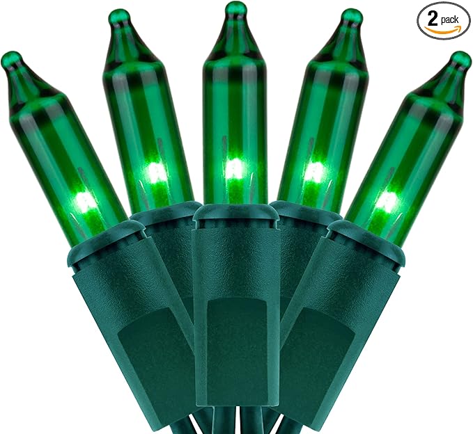YULETIME 200 Green Christmas Lights, Pack of 2 Strands of 21 ft 100 Count UL Certified Incandescent Mini String Light (Green - Green Wire)