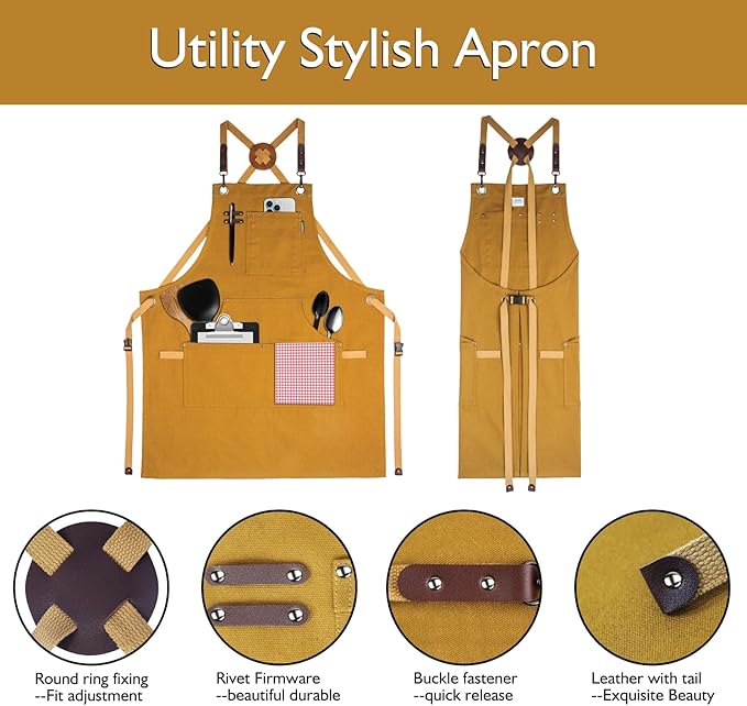 5 Pack Kitchen Aprons, Work Apron, Canvas, Multiple Pockets, Gardening, Painting, BBQ, Artist, Carpenter, Sizes M to XXL, Khaki