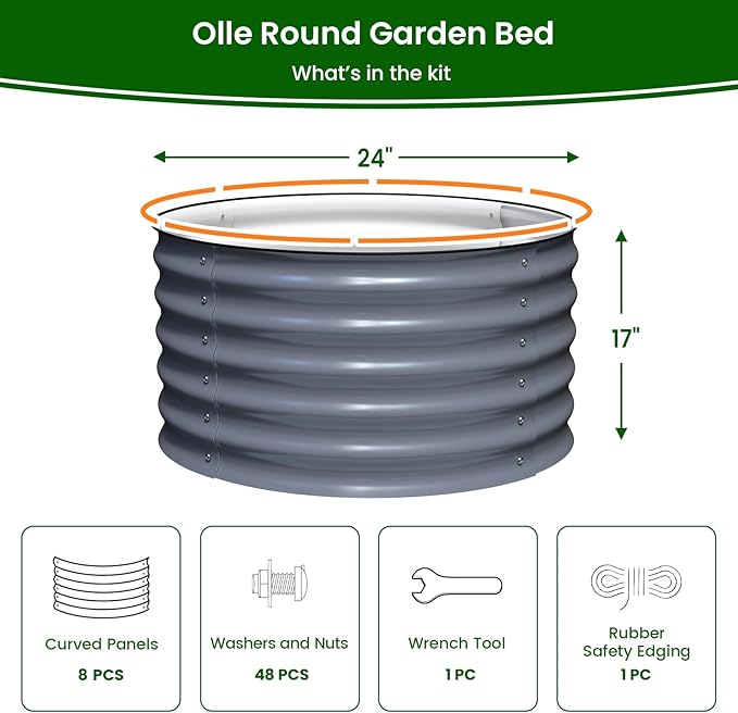 Olle 2 Pack 17" Tall Durable Round Raised Garden Bed Raised Beds for Gardening, Vegetable Planter Boxes Outdoor Raised Garden Boxes for Herbs, Veggies, Flowers, Mid-Grey 24" X 17"