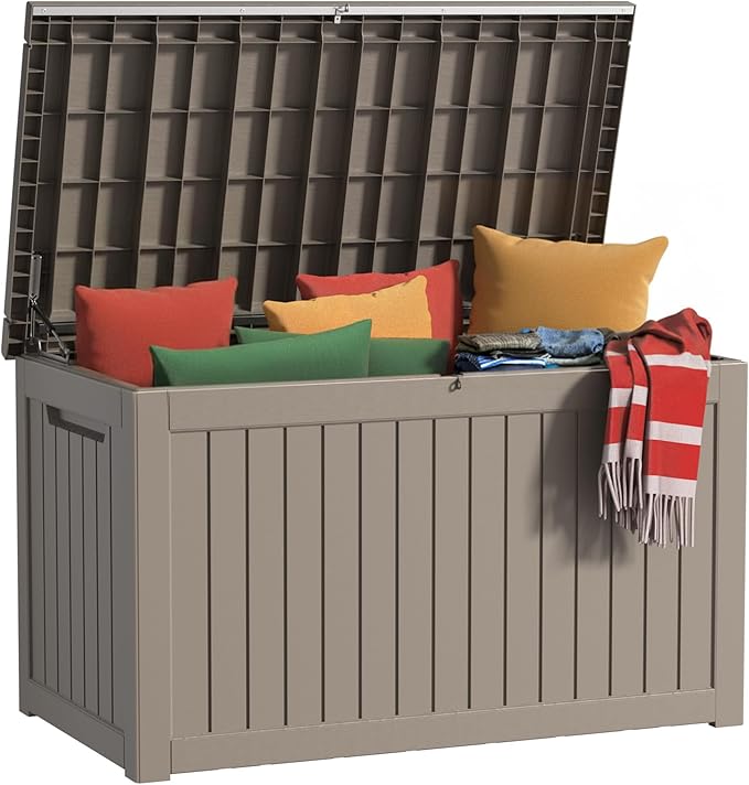 EasyUp 260 Gallon Deck Box Waterproof, UV Resistant Resin Outdoor Storage Box with Hydraulic Rod, Lockable Design and Enhanced Durability for Patio, Garden, and Poolside Use