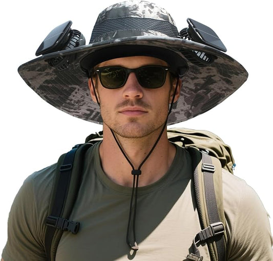Solar Fan Hat for Men Women - Wide Brim Solar Fan Outdoor Fishing Hat with 2 Removable Fans