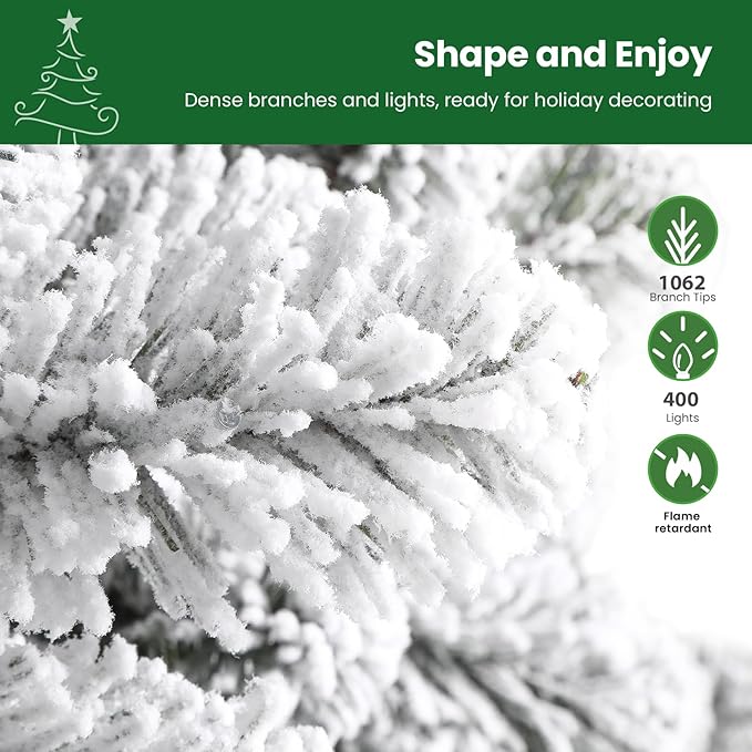 SHareconn 7ft Prelit Snow Flocked Spruce Artificial Christmas Tree with Remote (2025 Upgraded), 400 Pre-Lit Multi-Color RGB Lights, Full Snow Branch Tips for Home, Office, Xmas Decoration, 7 FT
