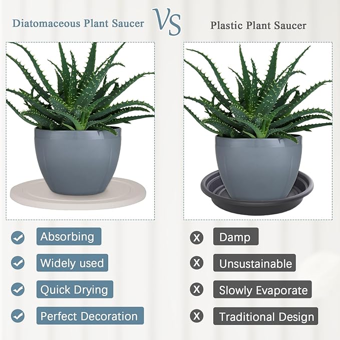 Plant Saucer Flower Pot Saucers Plant Trays for Pots Instant Dry Diatomaceous Earth Round Plant Drip Trays for Indoors Keeping Counter and Floors Dry and Clean (2Pcs White Large)