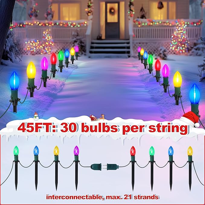 45Ft C9 Led Christmas Pathway Lights Outdoor, 30 Multicolor Bulbs Waterproof Connectable Christmas Walkway Lights for Driveway, Yard, Lawn, Sidewalk Decorations