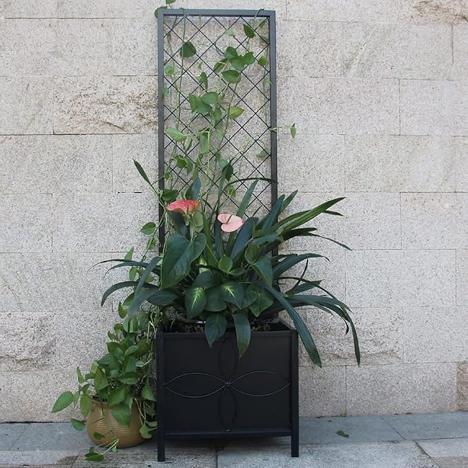 Zhongma 15.75 x 15.75 x 55 in Raised Garden Bed with Trellis,Heavy Duty Plant Box for Climbing Plants with Drainage Hole, Metal Lattice Planter Gardon Box with Inner Fabric Liners.