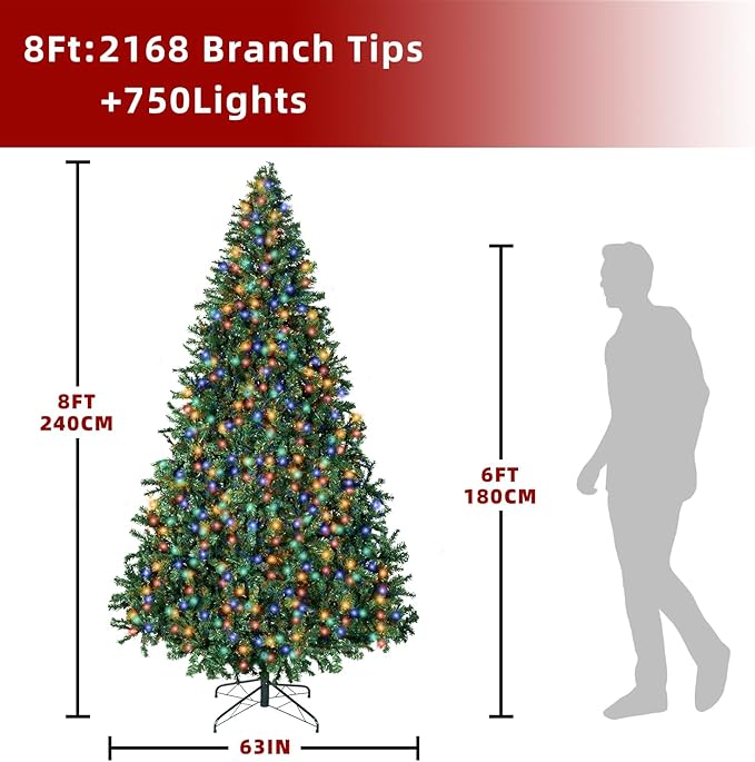 ININ 8FT Prelit Christmas Spruce Artificial Tree with Led Lights, Lighted Christmas Tree，Hinged Full Xmas Tree for Home Party Decoration,750 LED Lights,2168 Branch Tips, Metal Hinges & Foldable Base.