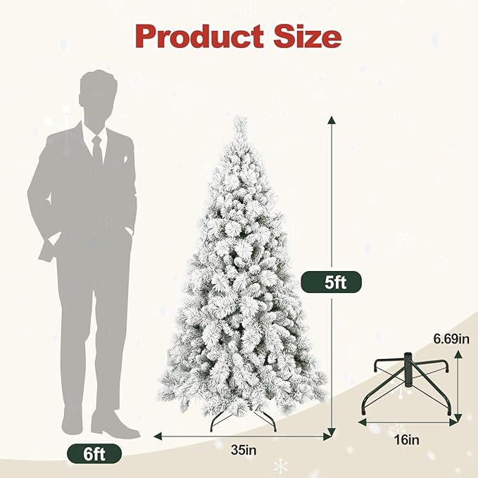 5 Ft Unlit Snow Flocked Christmas Tree, Artificial Xmas Tree with 518 PVC/PE Realistic Branch Tips, Metal Stand Decor for Holiday, Party, Home Easy to Assemble