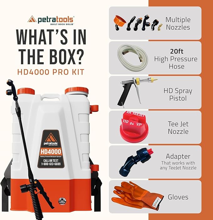 PetraTools Battery Powered Backpack Sprayer 4 Gallon - 6 Hours Long Battery Life & Padded Straps for Comfort - HD4000 Electric Backpack Garden Sprayer with 8 Spray Nozzles & 90PSI Pump (HD4000 ProKit)