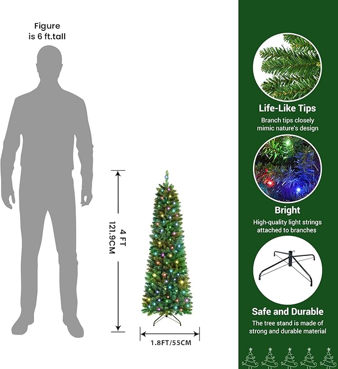 SHareconn 4ft Prelit Artificial Hinged Slim Pencil Christmas Tree, with Remote Controlled Multi-Color RGB Lights, Perfect Choice Decoration for Xmas Holiday, 4 FT, Green