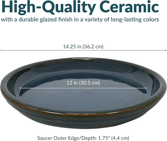 Sunnydaze 12-Inch Ceramic Plant Saucers - Plant Drip Trays for Outdoor Planter Flower Pot Drainage - Set of 2 - Forest Lake Green