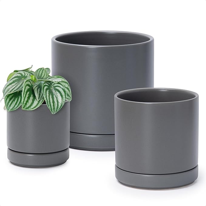 D'vine Dev 4 Inch & 6 Inch & 8 Inch, Set of 3 Round Ceramic Planter Pot with Drainage Hole and Saucer, Grey, 94-T-M-3