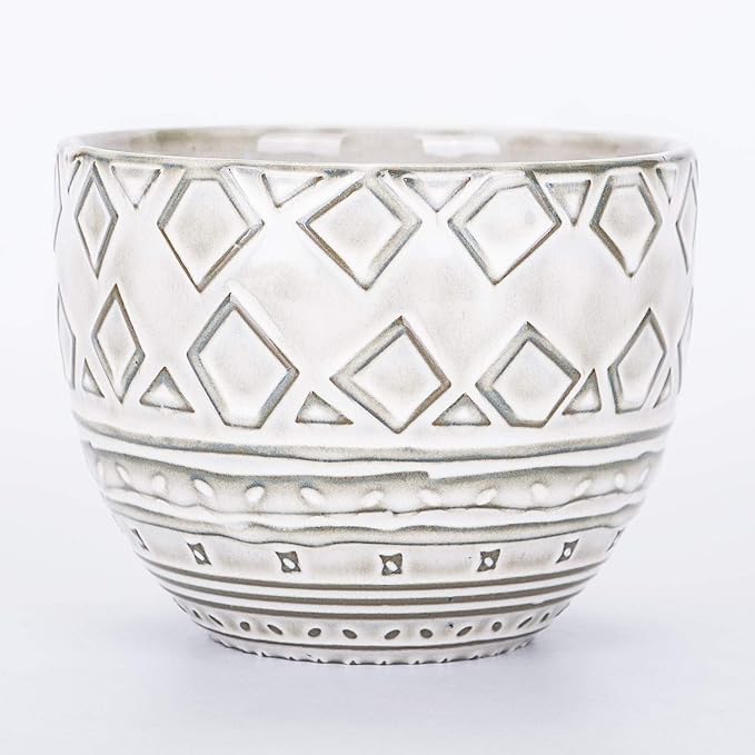VanEnjoy 5.5 inch Large Round Bohemian Style Ceramic Planter, Geometry Engrave Off White Brown Succulent Planter Flower Pot - Indoor Outdoor Decorative Planter