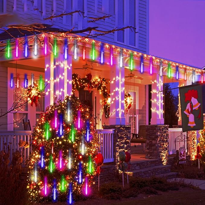 Kwaiffeo Icicle Lights Outdoor, 24 Tubes(Equivalent to Pack of 3 8-Tube) Meteor Shower Lights for Xmas Halloween Decorations Yard Party Tree, Multi Color(Purple Blue Green White)