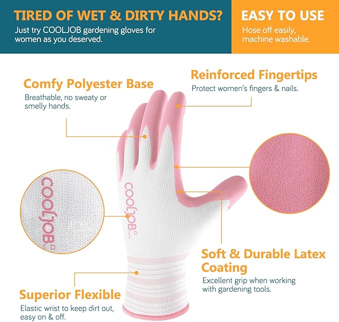 COOLJOB 6 Pairs Gardening Gloves for Women Ladies, Breathable Rubber Coated for Yard Garden, Outdoor Indoor Protective Work with Grip, Medium Size, Blue & Pink