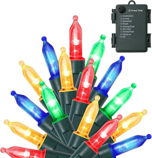 WATERGLIDE 50 LED Outdoor Christmas Lights, 16 FT Battery Operated Mini String Lights with 8 Modes & Timer, Xmas Tree Lights Waterproof for Patio Garden Party Wedding Holiday Decor, Multicolor