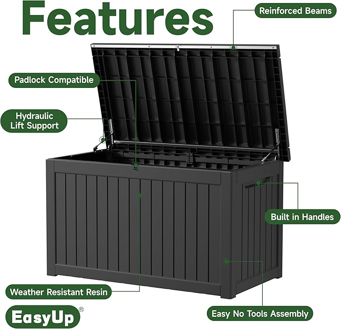 EasyUp 260 Gallon Outdoor Storage Box Waterproof, UV Resistant Resin Deck Box with Hydraulic Rod, Lockable Design and Enhanced Durability for Patio, Garden, and Poolside Use