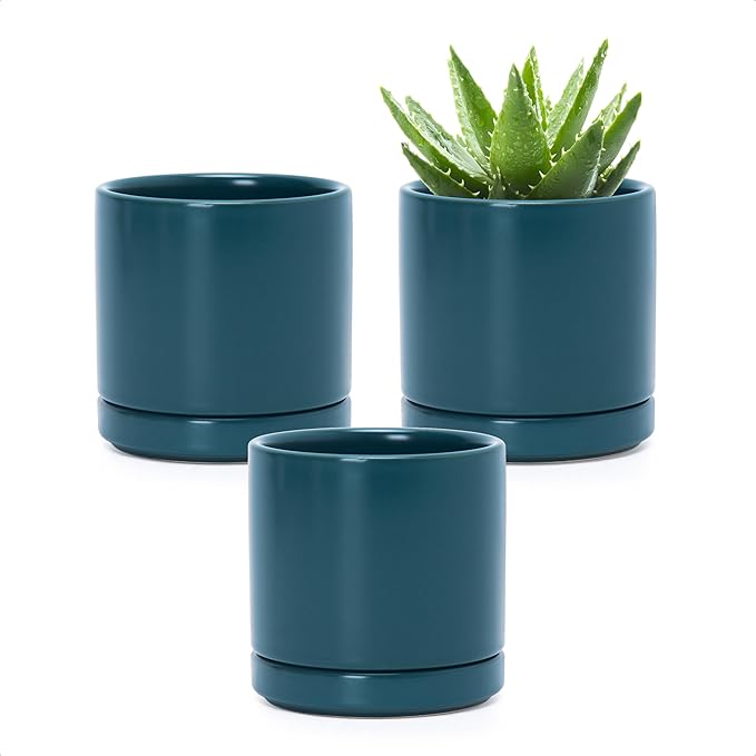 D'vine Dev Set of 3 Plants Pots, 3.5 Inch Ceramic Planter Pot for Plants with Drainage Hole and Saucer, Teal, 94-N-A-9