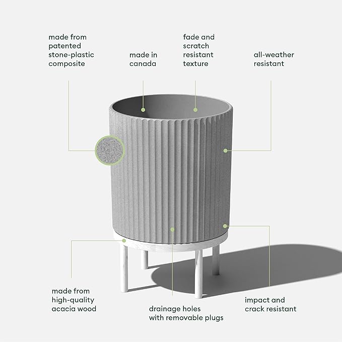 Veradek Demi Series Round Planter w/Stand for Porch/Patio | Durable Plastic-Stone Composite & Wooden Stand | Modern Décor for Tall Plants, Flowers