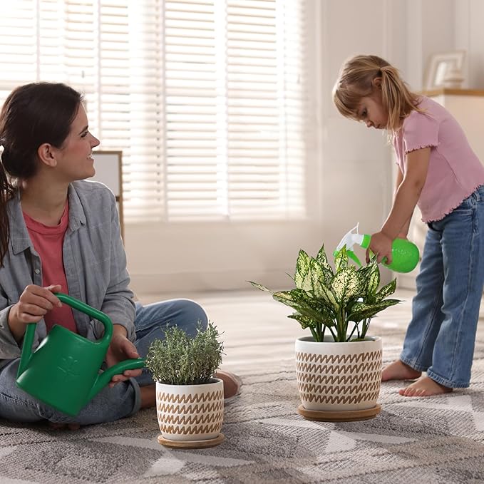 Ceramic Flower Pots Indoor-Outdoor: 5.75 Inch Planters with Drainage Holes & Saucer - Modern Decorative Plant Pots Ceramic for Home Gardeners (Wave)