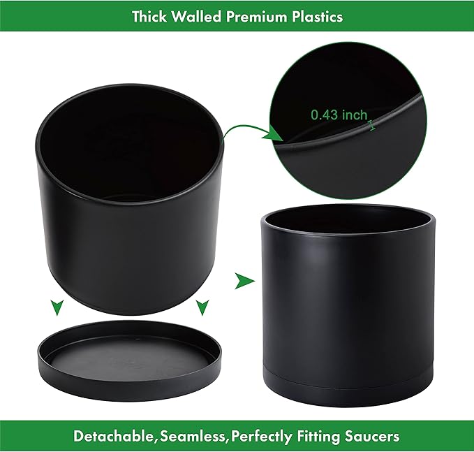 D'vine Dev 2 Pack 14 Inch Modern Plastic Plant Pots, Small Garden Planters for Plant with Drainage Holes and Saucers, Black Color, 74-Y-Q-1
