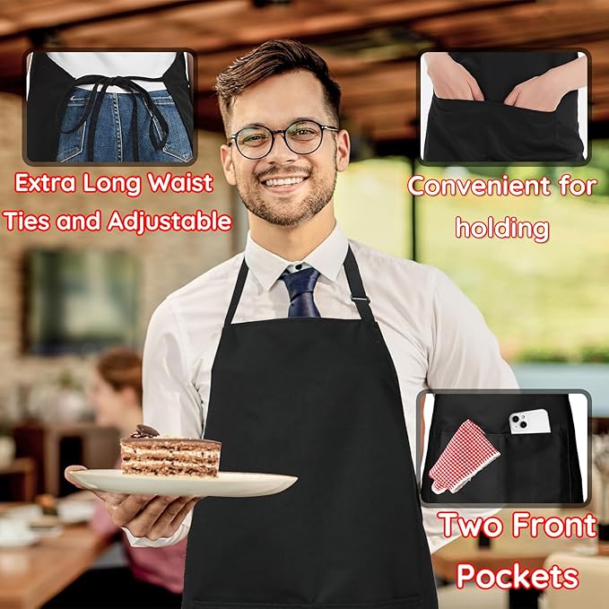 4 Packs Chef Apron, Black Waterproof Apron, Adjustable Aprons with 2 Pockets for Men Women, Professional Aprons for Kitchen Cooking Gardening Painting Baking Restaurant (Black)