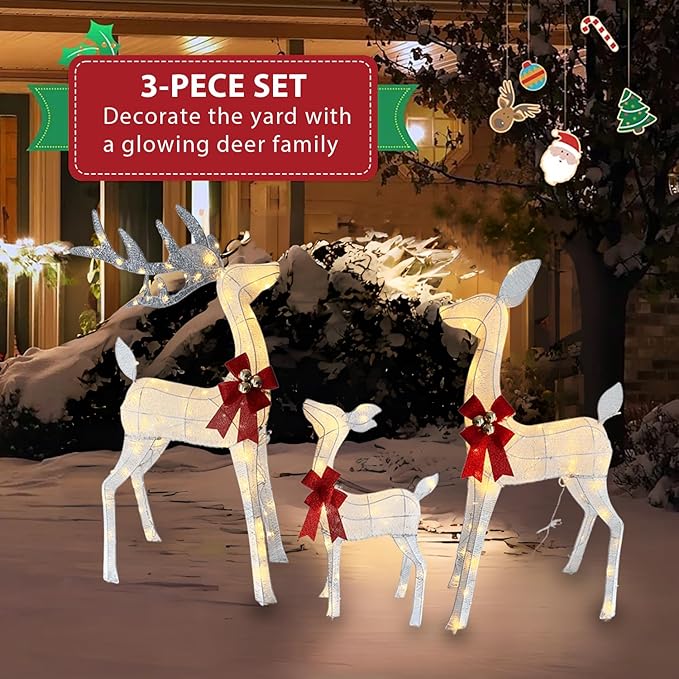 4ft Outdoor Lighted 3D Reindeer Christmas Decorations, 3-Piece Reindeer Family Set with 240 LEDs, Bells, Red Bows, Durable All-Weather Metal Frame for Yard, Garden, Indoor Holiday Decor