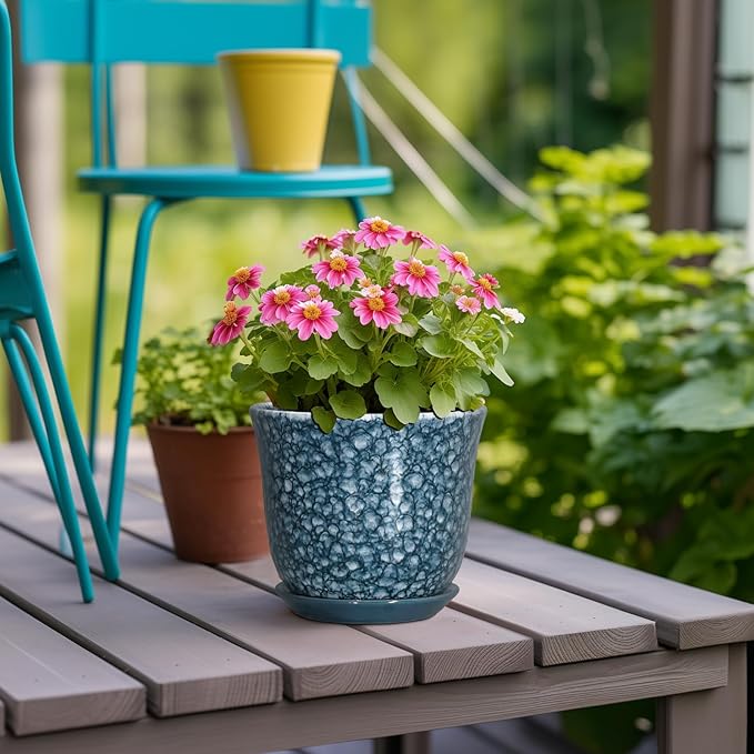 Ceramic Pots for Plants - 5.6 Inch Plant Pot for Indoor Outdoor, Round Succulent Orchid Pot with Drainage Hole and Saucer, Modern Small Flower Pot, Room Home Decor, Plant Lover Gifts, Blue