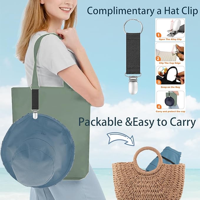 vidsel Womens Sun Hats Wide Brim Reversible Bucket Cotton Hat Packable Summer Travel Cap with Hat Clip,UV Protection
