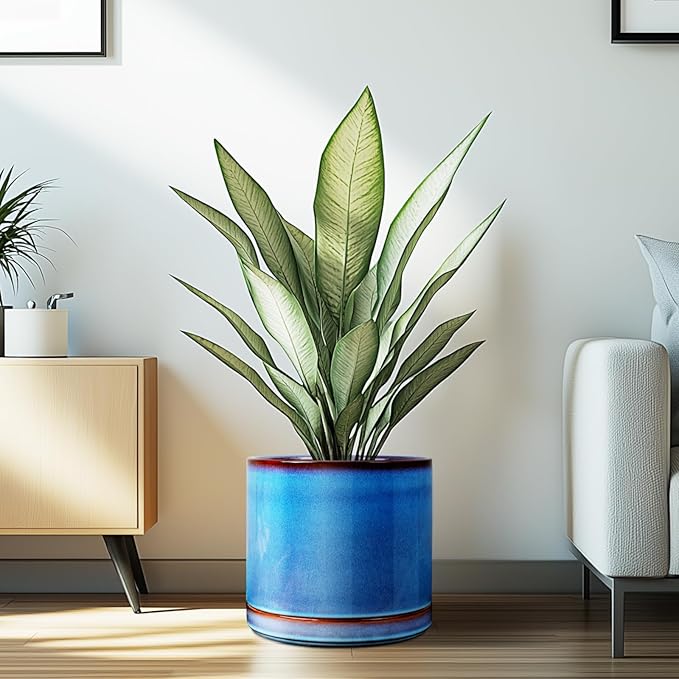 EFISPSS 10 Inch Plant Pot, Ceramic Large Planter for Outdoor Plants, Plant Pots with Drainage Hole and Saucers, Modern Flower Pot for Home Garden Patio Office - Blue