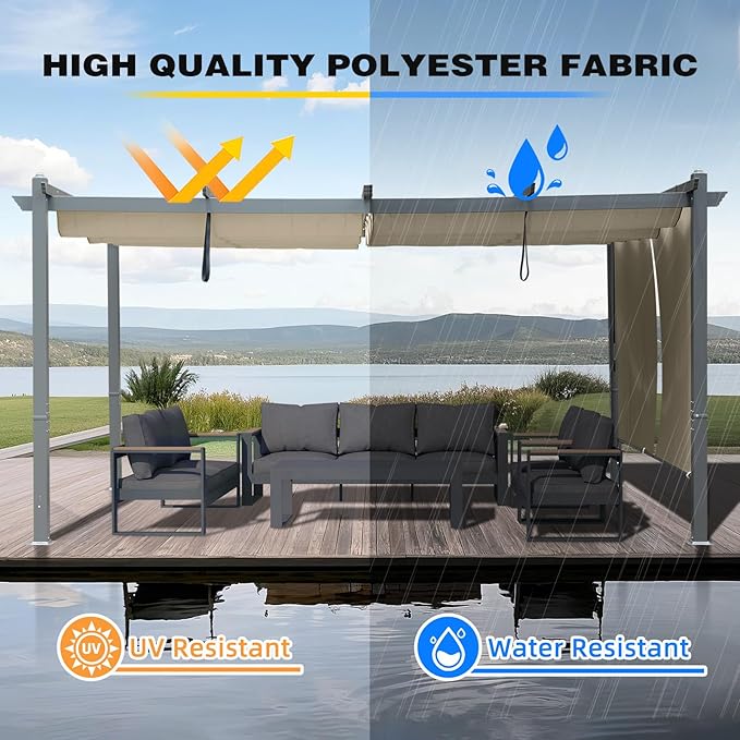 BPS 12x14 FT Outdoor Pergola - Retractable Shade Canopy with Aluminum Frame & Roller Shade Curtains for Patio, Backyard, or Deck, Khaki