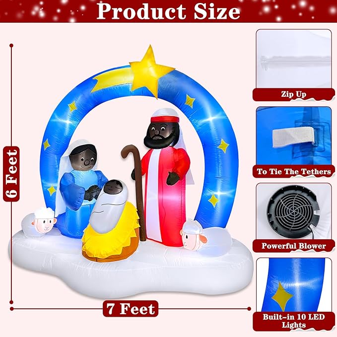 7 FT Christmas Inflatables African American Nativity Scene Outdoor Decorations, Bright LED Lights The Birth of Jesus Scene with Star Blow up Black Jesus Manger Set for Yard Garden Xmas Holiday Decor