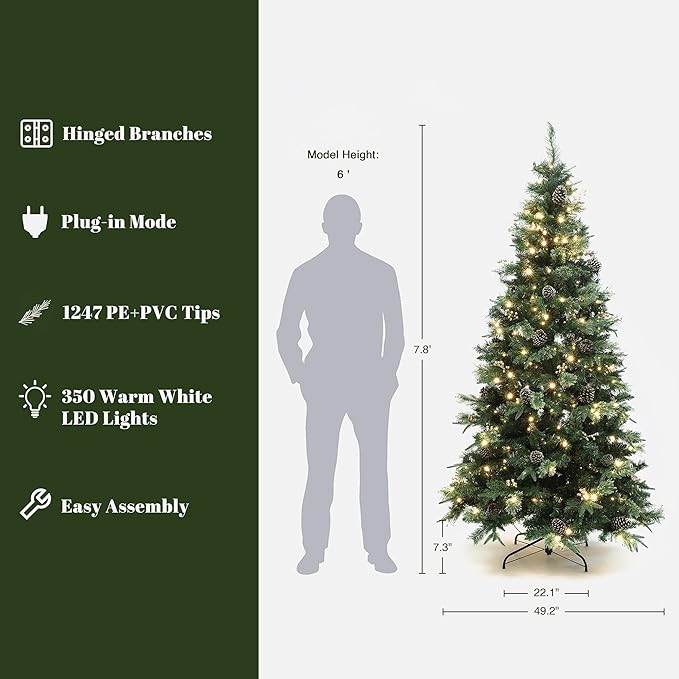 LuxenHome 7.5FT Prelit Christmas Tree with Lights, Slim Artificial Christmas Tree with 350 LED Lights and Pine Cone, 1247 PE+PVC Branch Tips, Plug-in Prelit Pine Tree Indoor, Outdoor Holiday Décor