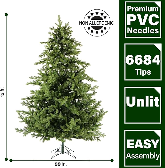 Fraser Hill Farm Woodside Pine Christmas Tree, 12 Feet Tall | Perfect Artificial Holiday Tree for Living Room, Family Room, or Den | No Lights Attached | FFWS012-0GR, Green
