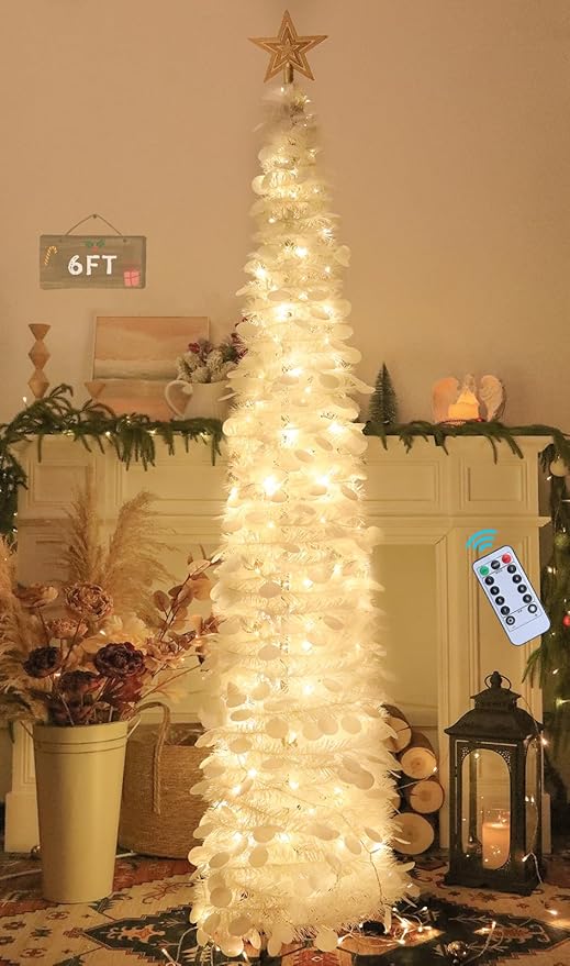 HMASYO 6 FT Pop Up Christmas Tree with 100 LED Lights & Remote, White Christmas Tinsel Tree, Collapsible Artificial Pencil Tree for Home Office Party Decor, USB Powered Timer Lights, Easy Assembly