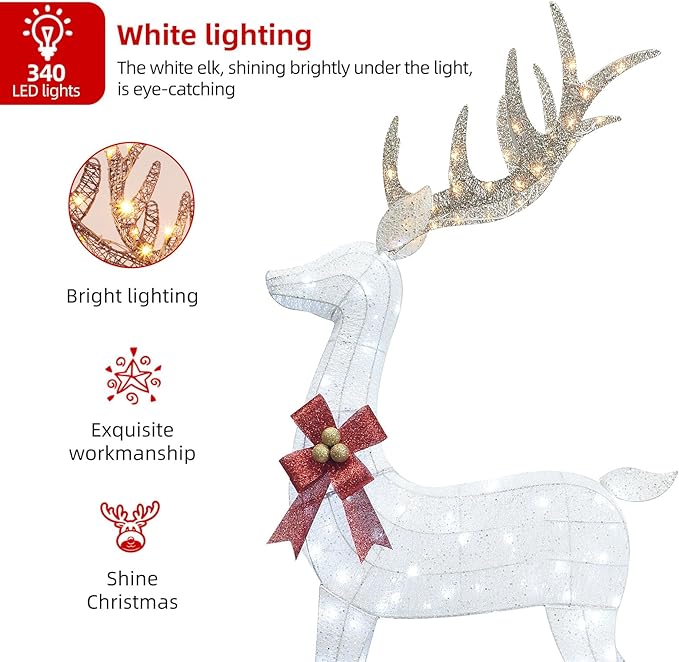 HOYECHI 6.5 FT Oversized Christmas Decorations Outdoor Lighted Reindeer – 3-Piece 3D Deer Family Set with 340 Warm White LED Lights for Yard, Lawn, Garden & Porch Holiday Display - White