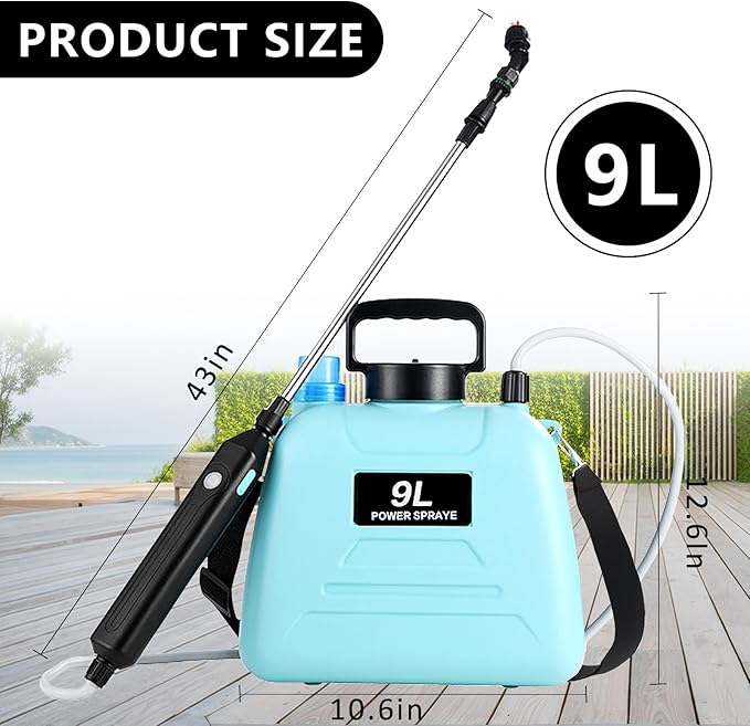 2.4 Gallon Battery Powered Sprayer, Electric Battery Operated Sprayer, Weed Power Sprayers in Lawn and Garden with Adjustable Shoulder Strap and Rechargeable Handle, 3 Mist Nozzles (Blue)