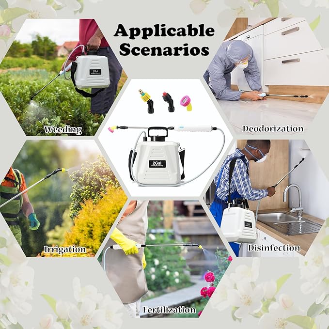 Battery Powered Sprayer 2 Gallon, Powerful Electric Garden Sprayer with 3 Mist Nozzles, USB Rechargeable Handle, Retractable Wand and Adjustable Shoulder Strap for Irrigation, Weeding (White)