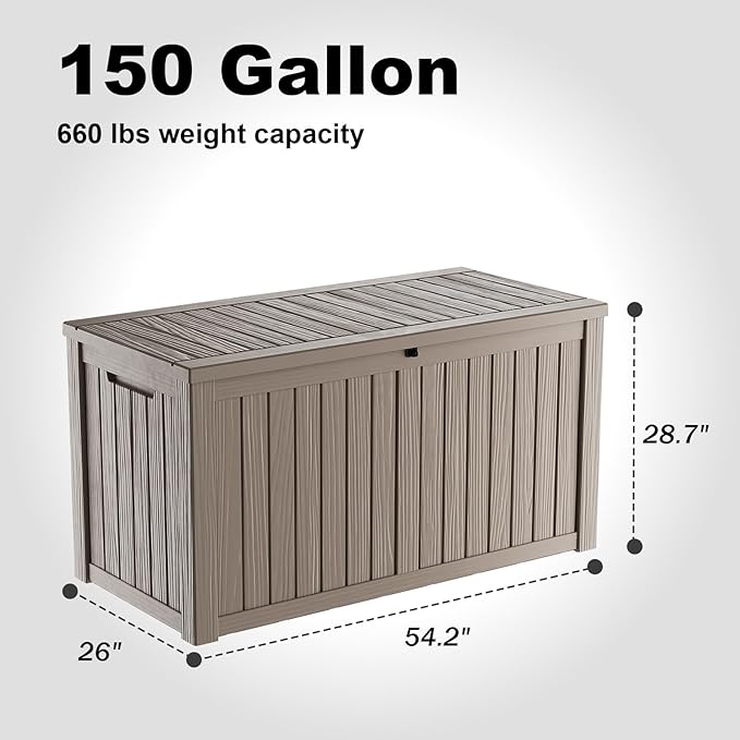 150 Gallon Waterproof Outdoor Storage Box, UV Resistant Resin Deck Box with Hydraulic Rod for Reinforced Stability, Perfect for Patio, Garden, and Pool, Striped Beige