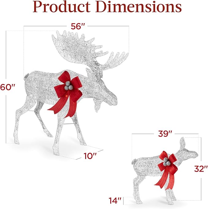 Best Choice Products 5ft 2-Piece Moose Family, Lighted Outdoor Christmas Yard Decoration, Light-Up Décor Set w/ 370 LED Lights, Zip Ties - Silver