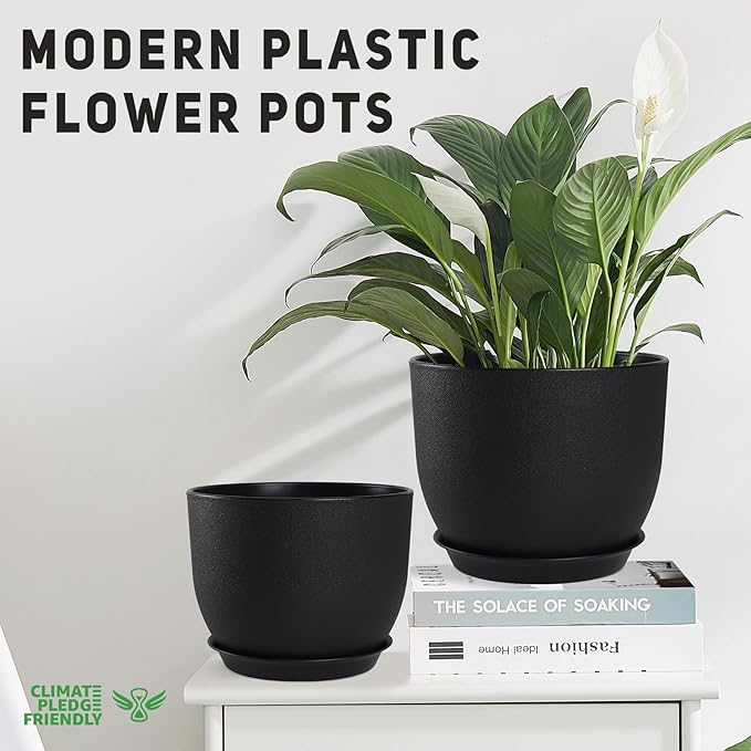 Plant Pots 10/9/8/7.5/7 inch Set of 5,Flower Pots with Multi Mesh Drainage Holes, Large Planters for Indoor Outdoor Garden Plants and Flowers. (Black)