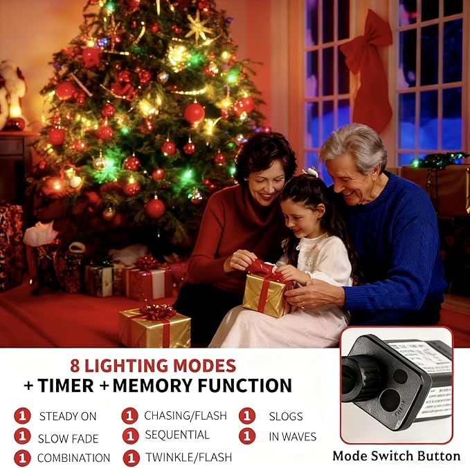 105FT 300 LEDs Red Green Christmas Lights Outdoor Indoor, Christmas Tree Lights Party Decorations, 8 Lighting Modes with Timer & Memory Function