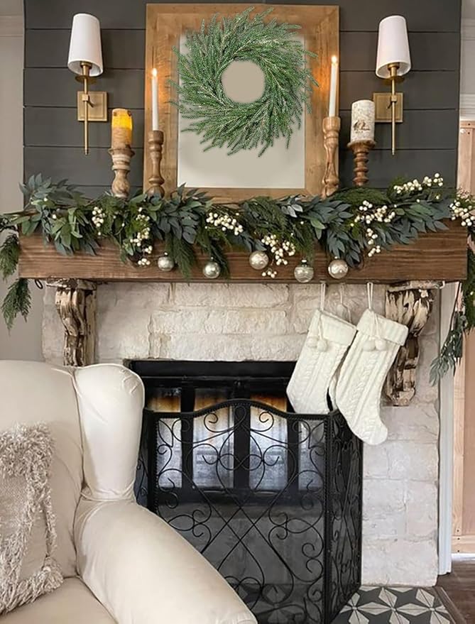 Norfolk Pine Wreath, 16 inch Christmas Wreath for Front Door Christmas Door Wreaths Artificial Pine Green Wreath for Wall Window Mantle Indoor Outdoor Christmas Decorations