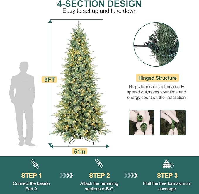 9 FT Prelit Artificial Skinny Christmas Tree,Blue Spruce Slim Pencil Xmas Tree with 2470 PE&PVC Mixed Branch Tips,650 UL Listed Clear Lights,Hinged Pine Tree with Metal Stand for Home Office Décor