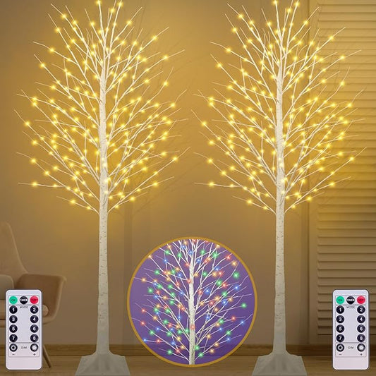 8FT Lighted Birch Tree with 210 LED Warm White and Multicolor Lights, 8 Modes, Timer Remote Faux Light Up Twig Christmas Tree for Indoor Outdoor Xmas Holiday Party Garden Decoration (2 Pack)