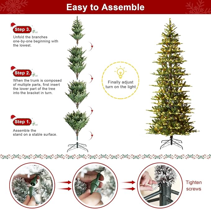 Glitzhome 9ft Pre-Lit Green Fir Christmas Tree, Cascade Evergreen Slim Artificial Holiday Christmas Tree with 500 Strawberry Lights,9 Functional Warm White/Multi-Color, Remote Controller