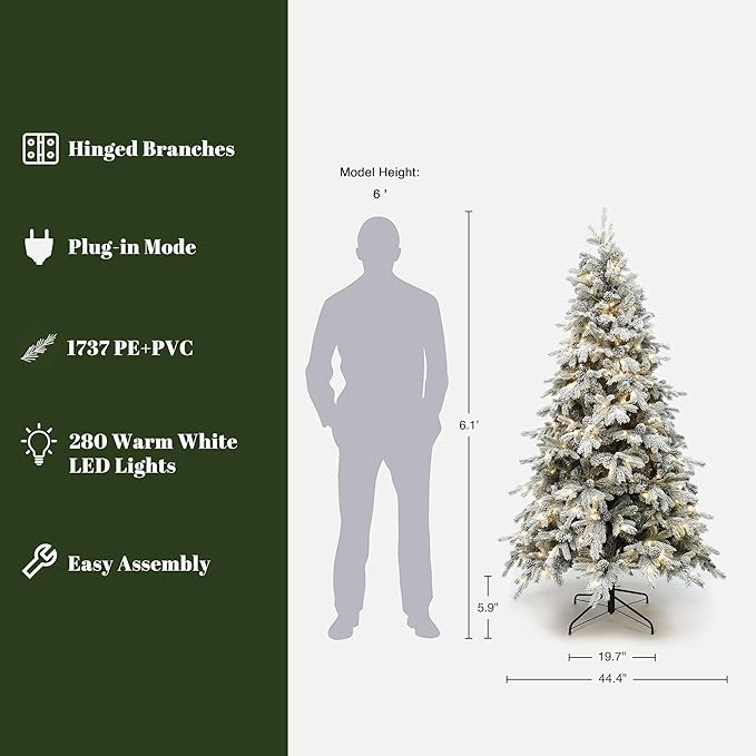 LuxenHome 6FT Christmas Tree with Lights, Full Flocked Artificial Christmas Tree with Pine Cone, 280 LED Lights, and Snow Flocked Branches, Prelit Pine Tree for Indoor, Outdoor Holiday Décor