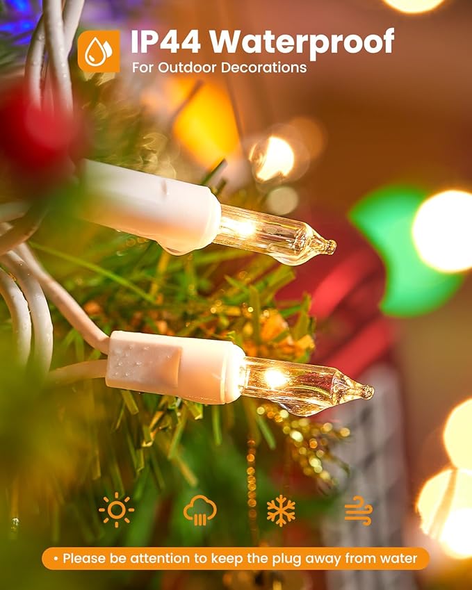 Minetom Clear Christmas Lights Set 100 Count 25 Feet Incandescent Bulb Mini String Lights for Indoor Christmas Tree Garland Birthday Wedding Party Festival Decoration, White Wire