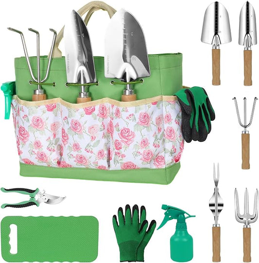 LeMotech Garden Tools Set, 10-Piece Heavy Duty Garden Hand Tools Kit with Wooden Handle, Durable Organizer Bag for Garden Supplies, Gardening Gifts for Women Grandmother, Pink Floral Pattern