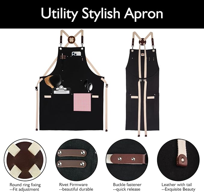 Kitchen Apron, Work Apron, Canvas, Multiple Pockets, Gardening, Painting, BBQ, Artist, Carpenter, Sizes M to XXL, Black