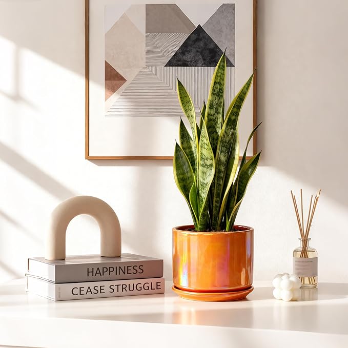 EFISPSS Ceramic Plant Pots,4+5+6 Inch Ceramic Indoor Pots for Plants with Drainage Hole,for Succulent Cactus,Pothos,Snake Plant Gift for Plant Lovers Set of 3 - Orange Pearl Glaze Plant Pots